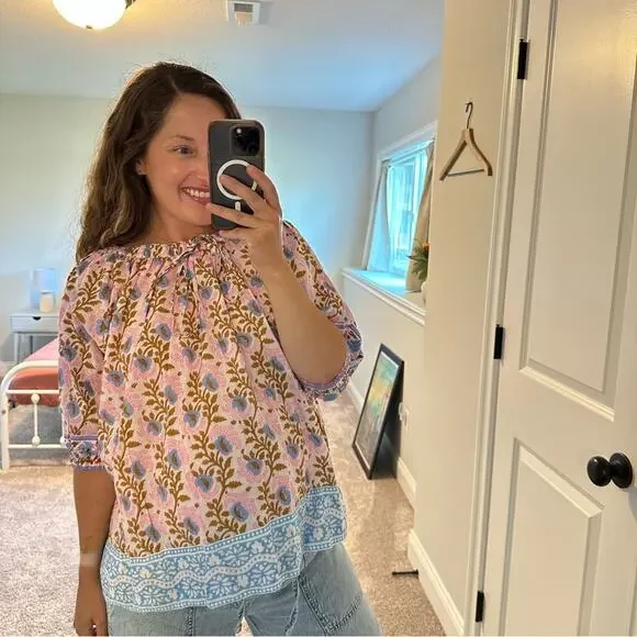 NWT Tuckernuck SZ Blockprints Pink Blue Floral Cotton Oversized Blouse Small - Picture 4 of 14